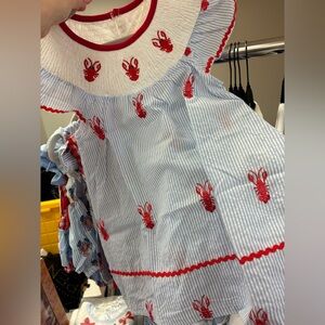 Blue & White Striped Dress with Red Lobster Embroidery